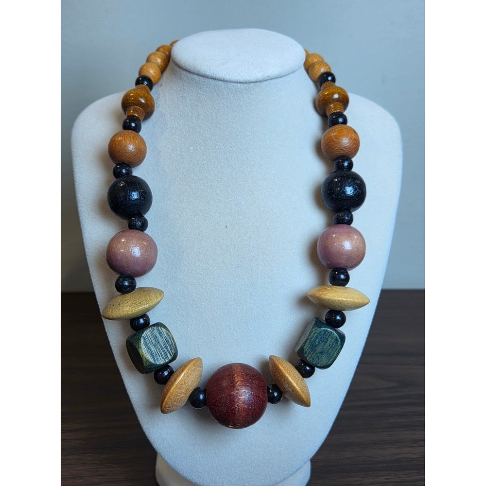 Vintage Chunky Wooden Bead Statement Necklace Earthy Multi Color Geometric Boho